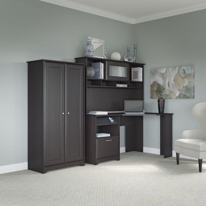 Copper Grove Daintree Espresso Oak Corner Desk, Hutch, and Tall Storage