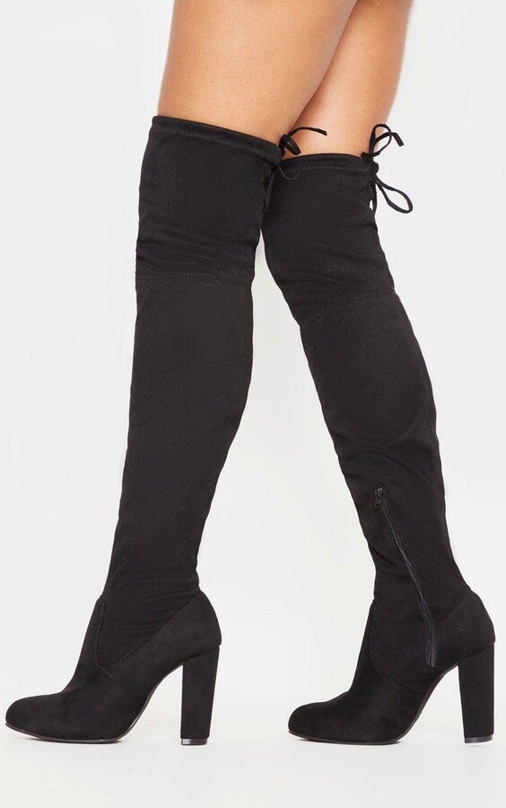 Bess Black Faux Suede Heel Thigh Boots ShopStyle