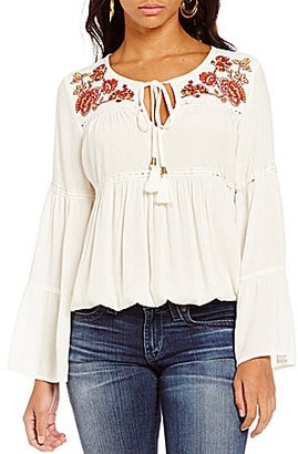 Takara Embroidered Tie-Front Peasant Top