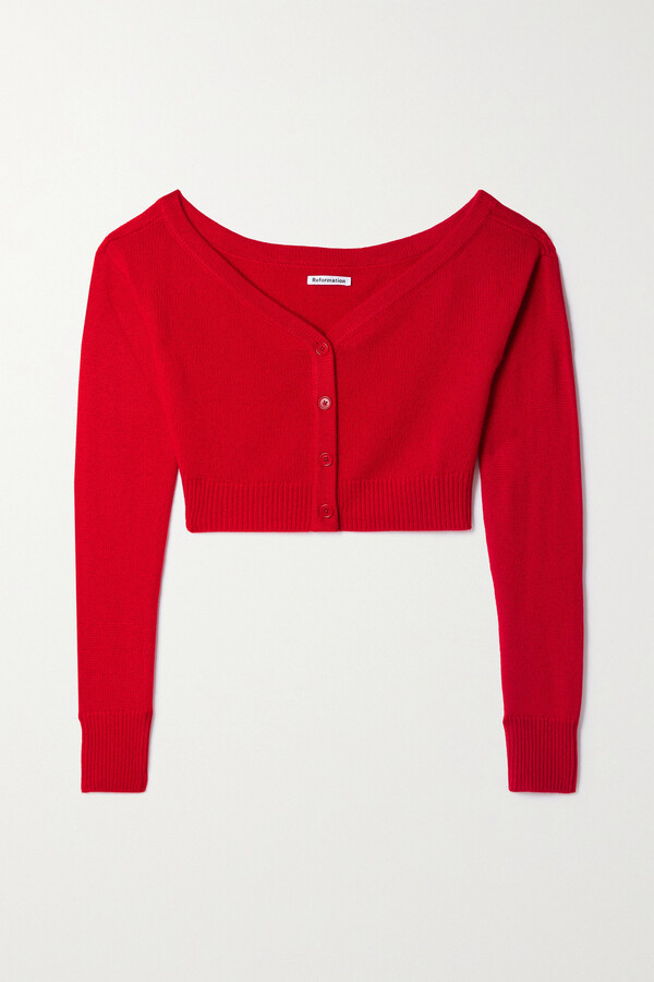 Reformation Millie Off-the-shoulder Cropped Recycled Cashmere-blend Cardigan - Red - ShopStyle