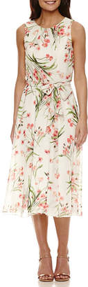 Jessica Howard Sleeveless Pleat Neck Floral Fit and Flare Dress