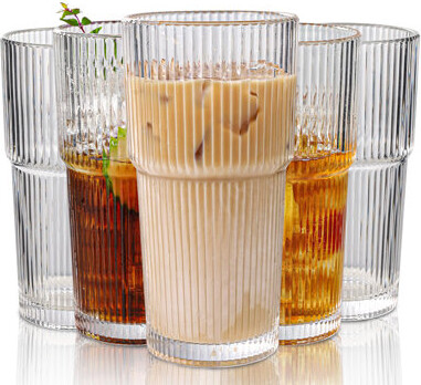YUEZHUSHANGMAO Ribbed Glassware 20Oz Vintage Clear Glass Tumbler Large Capacity Housewarming Gift Set Of 6 (Clear)