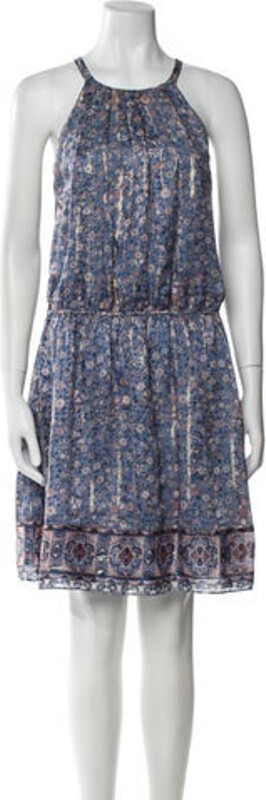 Joie Silk Tent Dress Blue & Metallic Floral Print Pleated Accents Halterneck Hook & Eye Closure at Back Designer