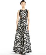 Thumbnail for your product : Carmen Marc Valvo ivory, black and blue printed silk gazar and lace ball gown