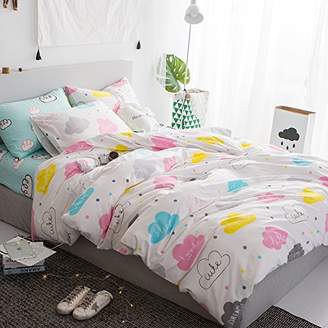 LELVA Colorful Cloud Pirnt Pattern Duvet Cover Set Baby Bedding Kids Bedding for Girls and Boys 3 Piece Cotton (Twin, Fitted Sheet Set)