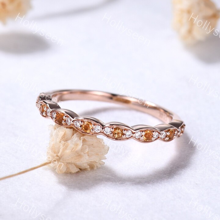 Etsy Citrine Moissanite Wedding Ring Band Silver Rose Gold Yellow Stone Bridal Stackable Half Eternity Birthstone Stacking For Her