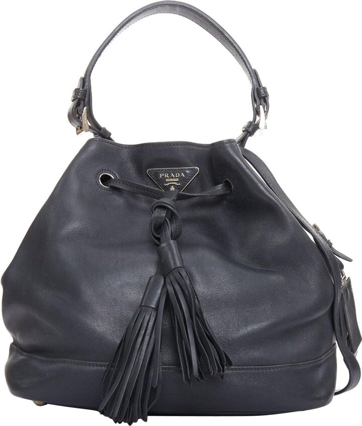 Miuccia Prada Prada City Calf Bucket Black Calfskin Leather Triangle Tassel Drawstring Bag