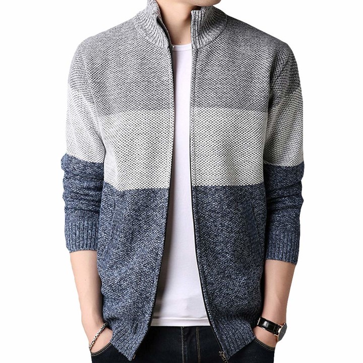 moonWANG Mens Casual Long Sleeve Zip-up Stand Collar Cardigans Knitted Jacket Mens Fleece Sweatshirt Sweater Overcoat