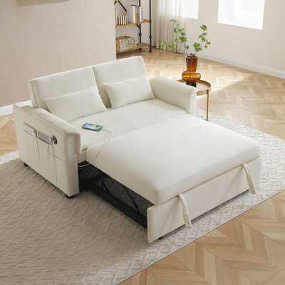 Latitude Run Convertible Two Seater Pull Out Sofa Bed with Adjustable Backrest, USB Ports, Side Pockets and Waist Pillows for Comfortable Living Room Lounging