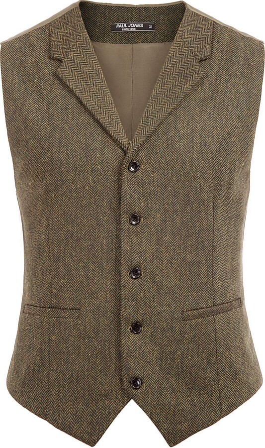 Gilet Costume Homme Tweed à Chevrons - Col V - Dos Satin - Taille Ajustable - Paul Jones