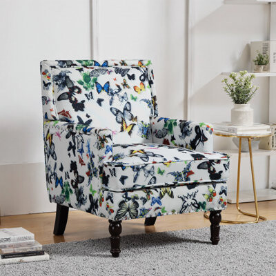 George Oliver White Upholstered Vintage Accent Chair with Butterfly Linen Fabric and Nailhead Trim