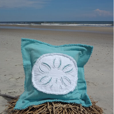 Sandy by the Sea Designs Coastal Frayed Sand Dollar Applique 100% Cotton Throw Pillow