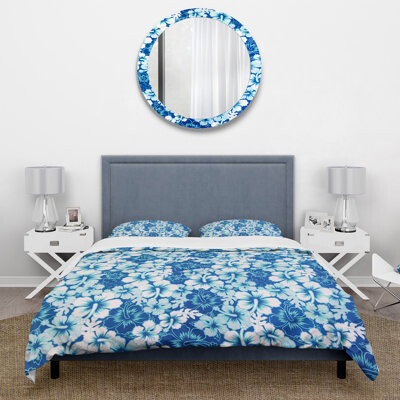 Design Art Indigo Hawaii Flowers Pattern - Eclectic Floral Flower Duvet Cover Set - Microfiber Polyester