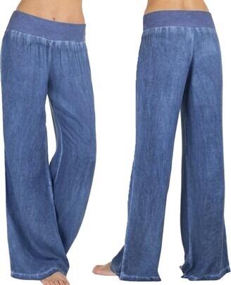LUCKME Women's Wide Jeans Elastic Waist Blue Straight Denim Jeans Loose Fit Flared Cowboy Trouser Fashion Full Length Yoga Pant
