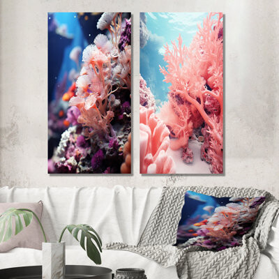 Highland Dunes Pink Coral And Anemones Dance - Coastal Coral Under Water Wall Art Prints Set Of 2