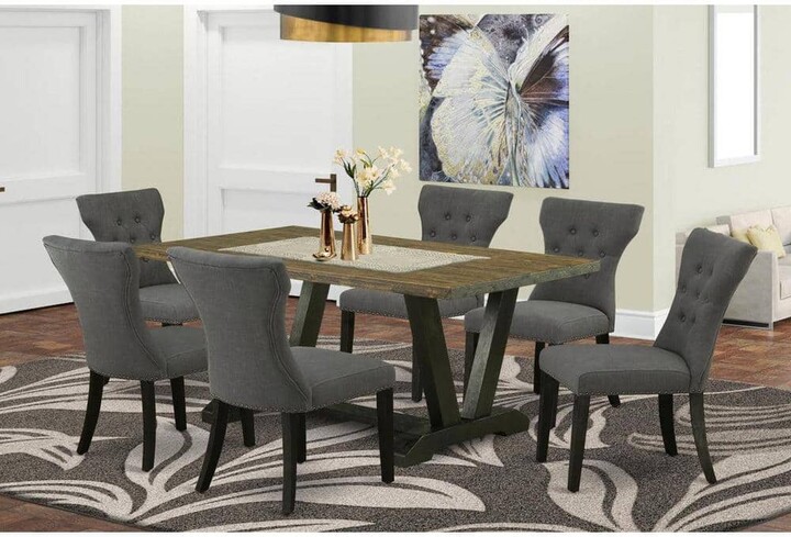 East West Furniture 7-Piece Rectangle Natural Oak Finish Solid Wood Top Dining Set with 1 table and 6 Upholstered Chairs with Lattice Back