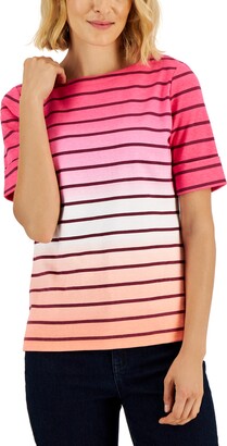 Karen Scott Petite Ombre Striped Elbow-Sleeve Boat-Neck Top, Created for Macy's