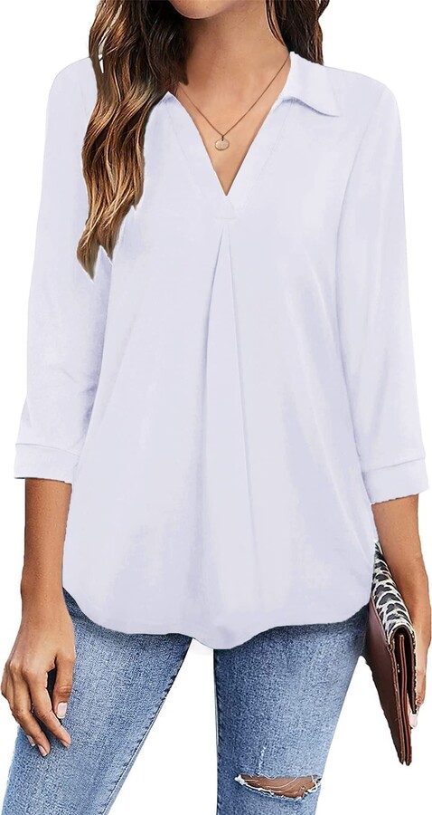Lalala Women's V-Neck Blouse 3/4 Sleeve Tunic Elegant Casual Work Tops Long  Shirt T-Shirt Tops - ShopStyle