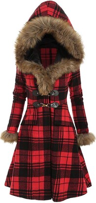 LOPILY Women's Winter Hooded Coats Faux Fur Collar Cloak with Hood Vintage Slim Tartan Hooded Windbreaker Woolen Coats Long Riding Coat（A-Red，14 UK/2XL CN）