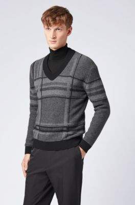 BOSS V-neck sweater in knitted large-scale check