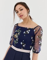 Thumbnail for your product : Little Mistress Tall embroidered top wide leg jumpsuit in navy