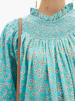 Loretta Caponi - Smocked Floral-print Cotton Maxi Dress - Womens - Blue Multi