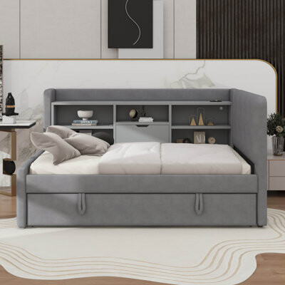 Latitude Run Twin-Size Fabric-Upholstered Daybed With Trundle Integrated Storage Racks USB Charging Stations And Power Outlets