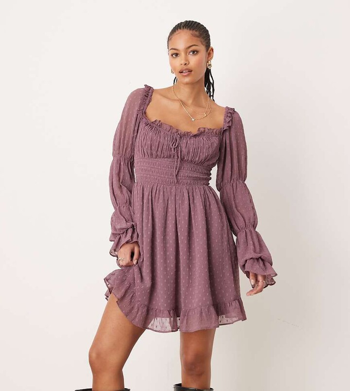 ASOS Tall ASOS DESIGN Tall textured milkmaid long sleeve shirred waist mini dress in mauve