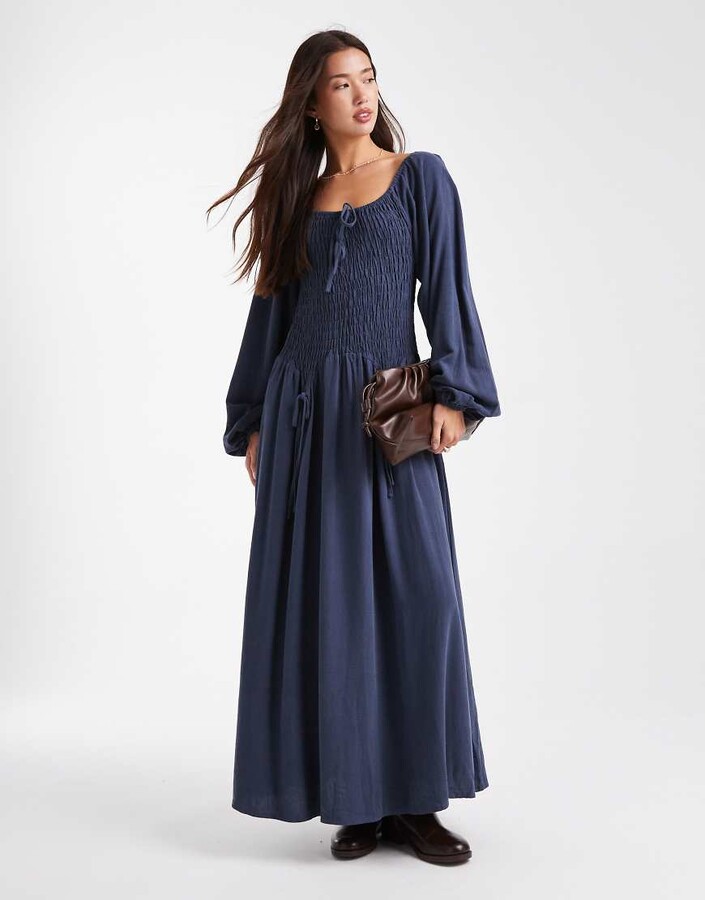 Daisy Street balloon sleeves shirred waist maxi dress in navy