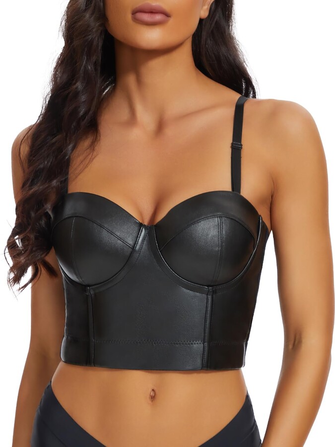 Women's Straps PU Leather Bustier Crop Top Push Up Corset Top Bra for Club  Party