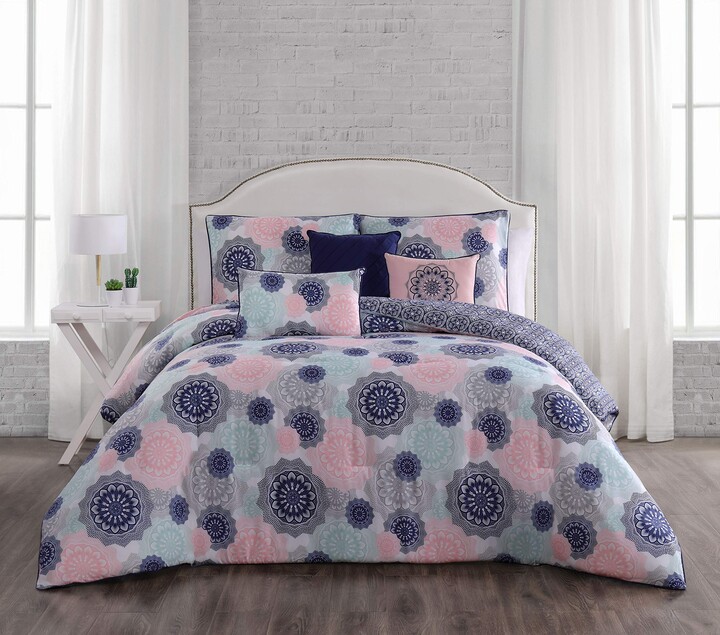 Geneva Home Fashion Lorna 6pc Reversible Throw Pillows Comforter Set King Navy/Blush (LRA6CSKINGGHNB)