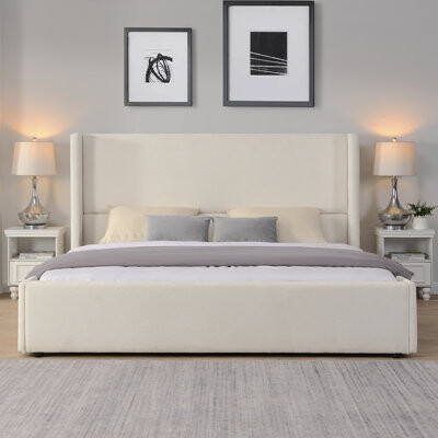 Latitude Run Elegant White Fabric Upholstered Bed With Tall Headboard, White, KING