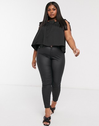 In The Style Plus x Lorna Luxe tie shoulder smock top in black