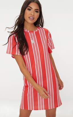 PrettyLittleThing Red Pinstripe T Shirt Dress