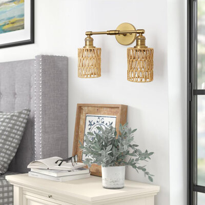 Bayou Breeze Rattan Wall Sconce Light - Hand-Woven Boho Vintage Wall Lamp With Braided Rope Shade Hardwired Indoor Fixture For Bedroom Bathroom Reading Nook