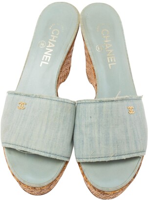Chanel Blue Fabric Open Toe Raffia Wedge Platform Slide Sandals