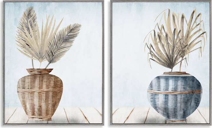 Stupell Industries Palms in Rattan Planters Floral & Botanical Painting Gray Framed Art Print Wall Art, 11 x 14, Set of 2