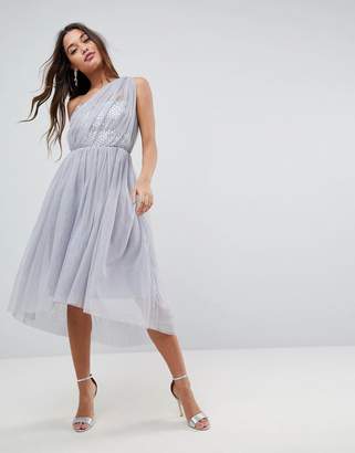ASOS Design PREMIUM Crystal Bodice Tulle One Shoulder Midi Prom Dress