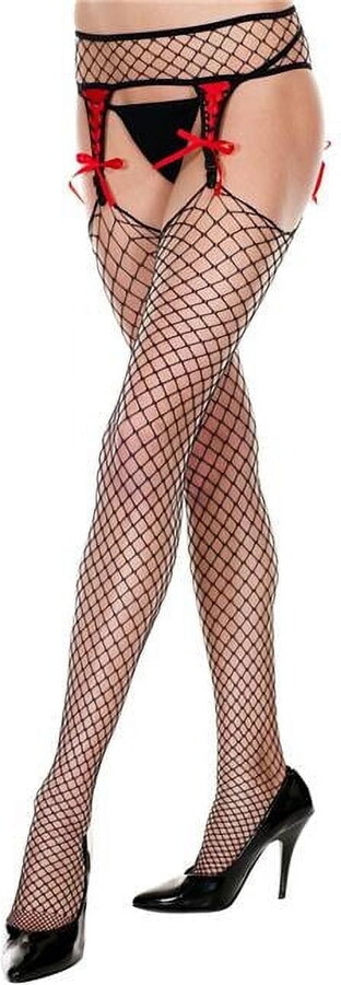 Music Legs Women’s Ribbon lace up diamond net spandex garterbelt stockings 7998-BLACK/RED