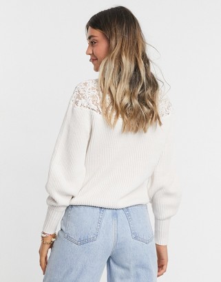 Morgan long-sleeved top with lace detail in white