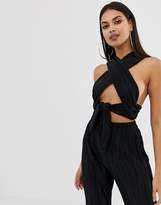 Thumbnail for your product : PrettyLittleThing plisse wrap crop top with tie detail in black