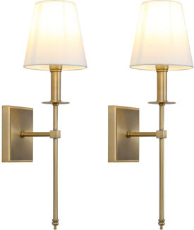 Set Of 2 Classic Rustic Industrial Wall Sconce Lighting Fixture With Flared White Textile Lamp Shade And Antique Brass Tapered Column Stand