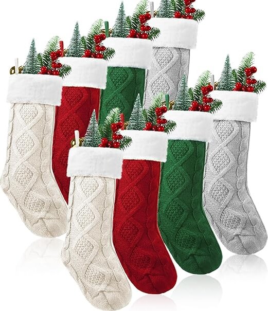 Shinymoon 8 Pack Christmas Stockings 18 Inches Large Knitted Stocking Double Sided Fireplace Hanging Stockings Holiday Party Decorations Xmas Tree, Green, Ivory, Gray, Wine Red