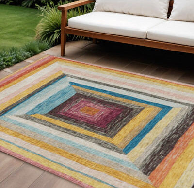 HomeRoots 8' X 10' Amber Pink And Teal Blue Geometric Washable Indoor Outdoor Area Rug