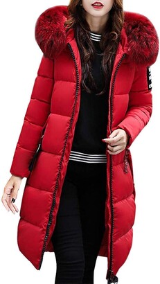 ORANDESIGNE Women Winter Warm Thick Faux Fur Coat Hood Parka Long Jacket  Casual Solid Slim Overcoat Down Padded Outwear Oversize Red UK 12 -  ShopStyle