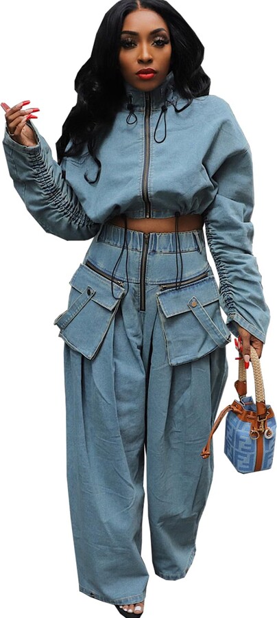 Angsuttc Womens Two Piece Sets Denim Outfit Ruched Long Sleeve Zip