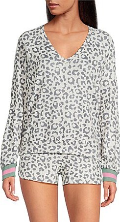 PJ Salvage Leopard Print Long Sleeve V-Neck Peachy Knit Coordinating Sleep Top
