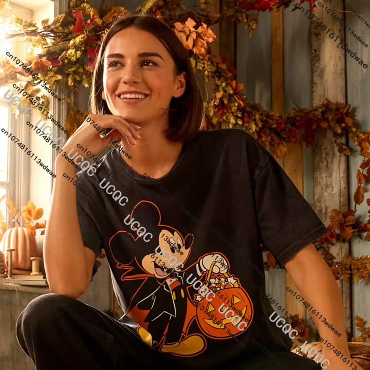 MINISO Halloween Disney Mickey Ghost T-shirt Womens Cotton Tee Hip-Hop Casual Dress up Disney Halloween Party Pumpkin Y2K Street Tees