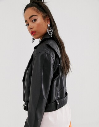 Bershka faux leather zip detail jacket in black