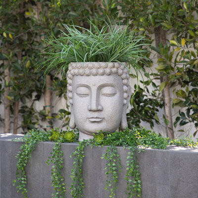 Lark Manor Buddha Head Planter Sculpture Durable for Indoor or Outdoor Plant Use Gray 14 L x 14 W x 17 H Inches